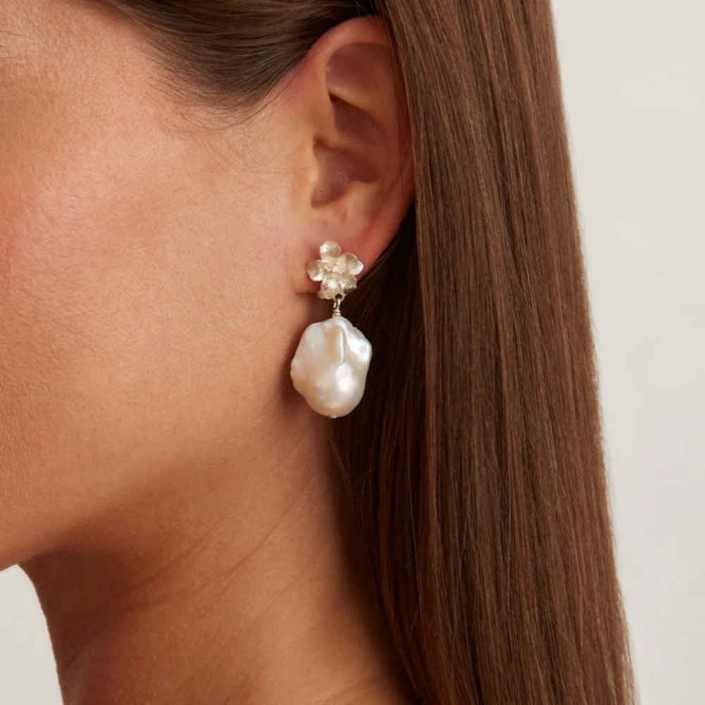 Chan Luu Silver Hibiscus Pearl Drop Earrings